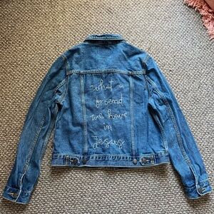 Women's Blue Jean Jacket with Embroidered Text